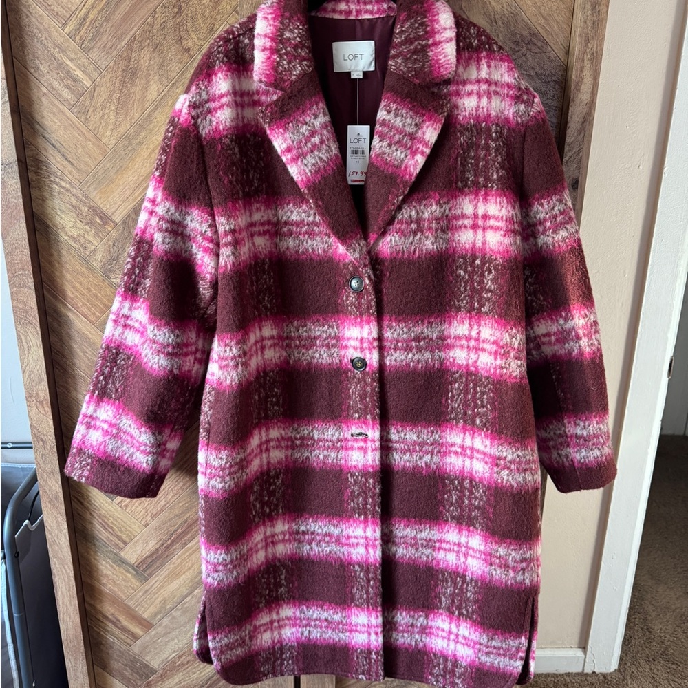 LOFT Vibrant Pink and Burgundy Plaid Pea Coat